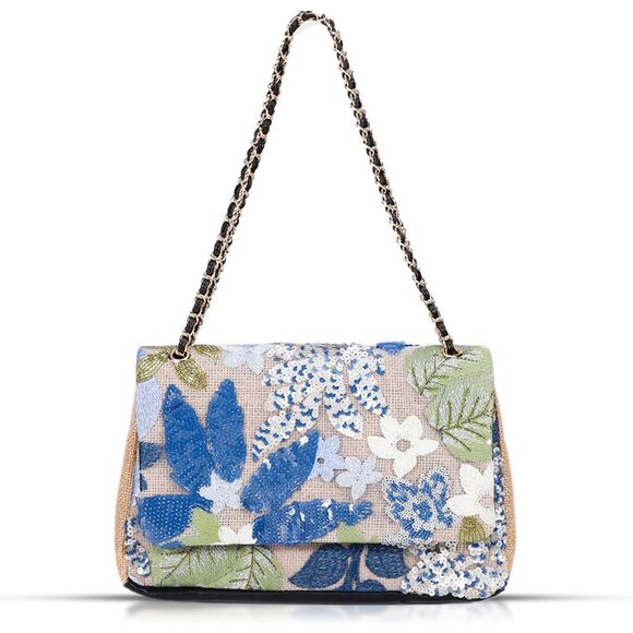 Handbags - Handmade Bohemian straw tote bag with sequin embroidery blue floral perfect for